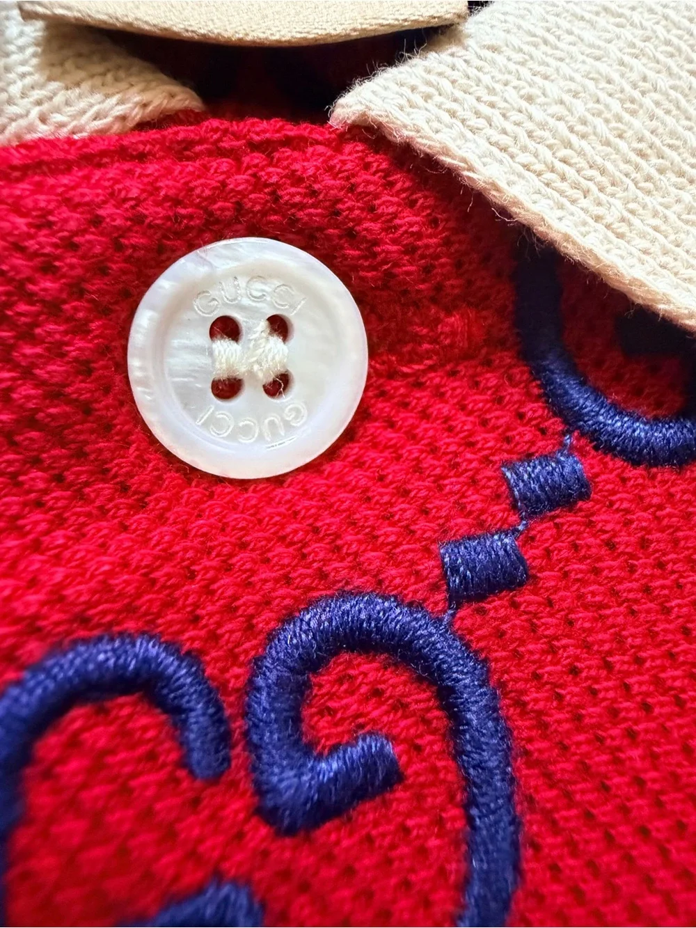 Gucci Red Polo with Navy GG Monogram and White Contrast Collar
